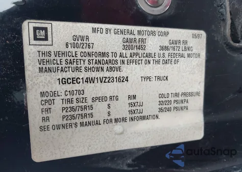 1997 Chevrolet C1500 Fleetside W/T z USA, uszkodzony, nr VIN 1GCEC14W1VZ231624